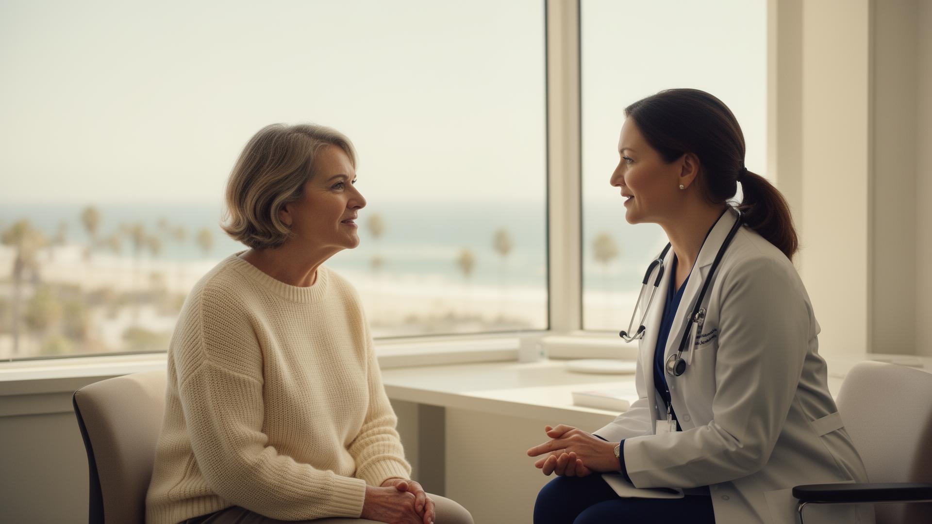 Oncologist talking with a patient in a sunlit Newport Beach consultation room